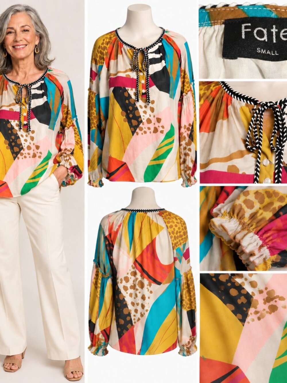 FATE Multicolor Tie Neck Abstract Print Lined Peasant Pullover Blouse Size Small